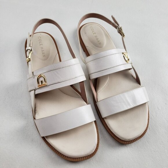 Cole Haan Charlotte Slingback Sandal Womens 9.5 White Open Toe Buckle Strap Flat - Picture 1 of 14